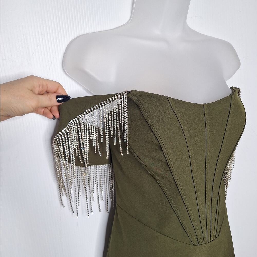 Lavish Alice Bardot Corset Mini Dress Beaded Fringe 8 Prom Swiftie Bling Khaki - Picture 2 of 13